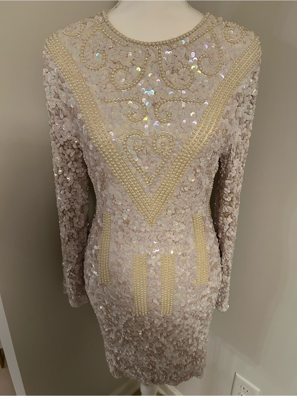 Carlo Giovani Vintage Elegant Sequin & Pearl Embellished Ecru Color Dress